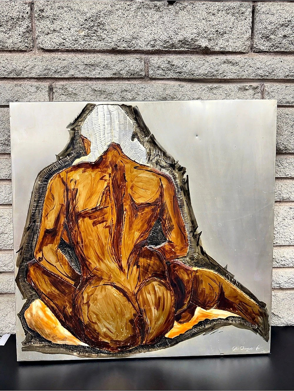 Vintage 1974 E.R. Orozco Signed Nude Embossed Aluminum Relief Art 28x28”